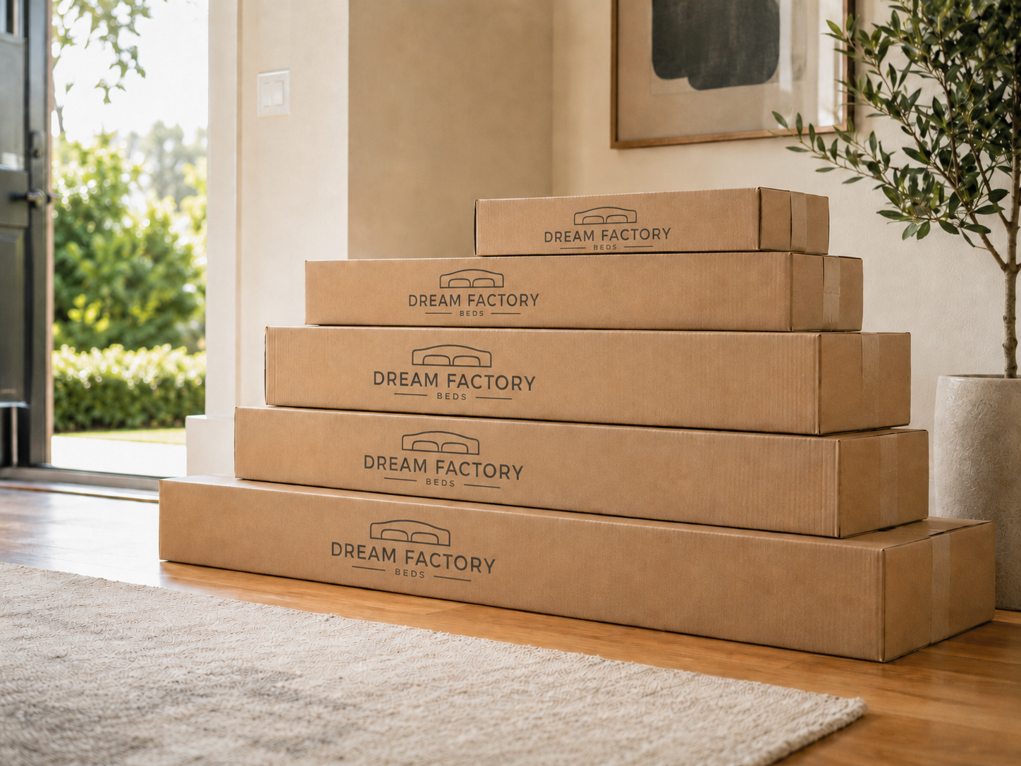 Stacked Dream Factory Beds delivery boxes