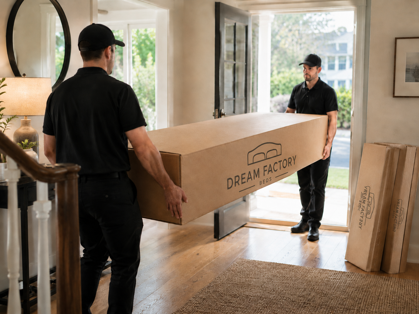 Two-person delivery team carrying a boxed bed section into a home