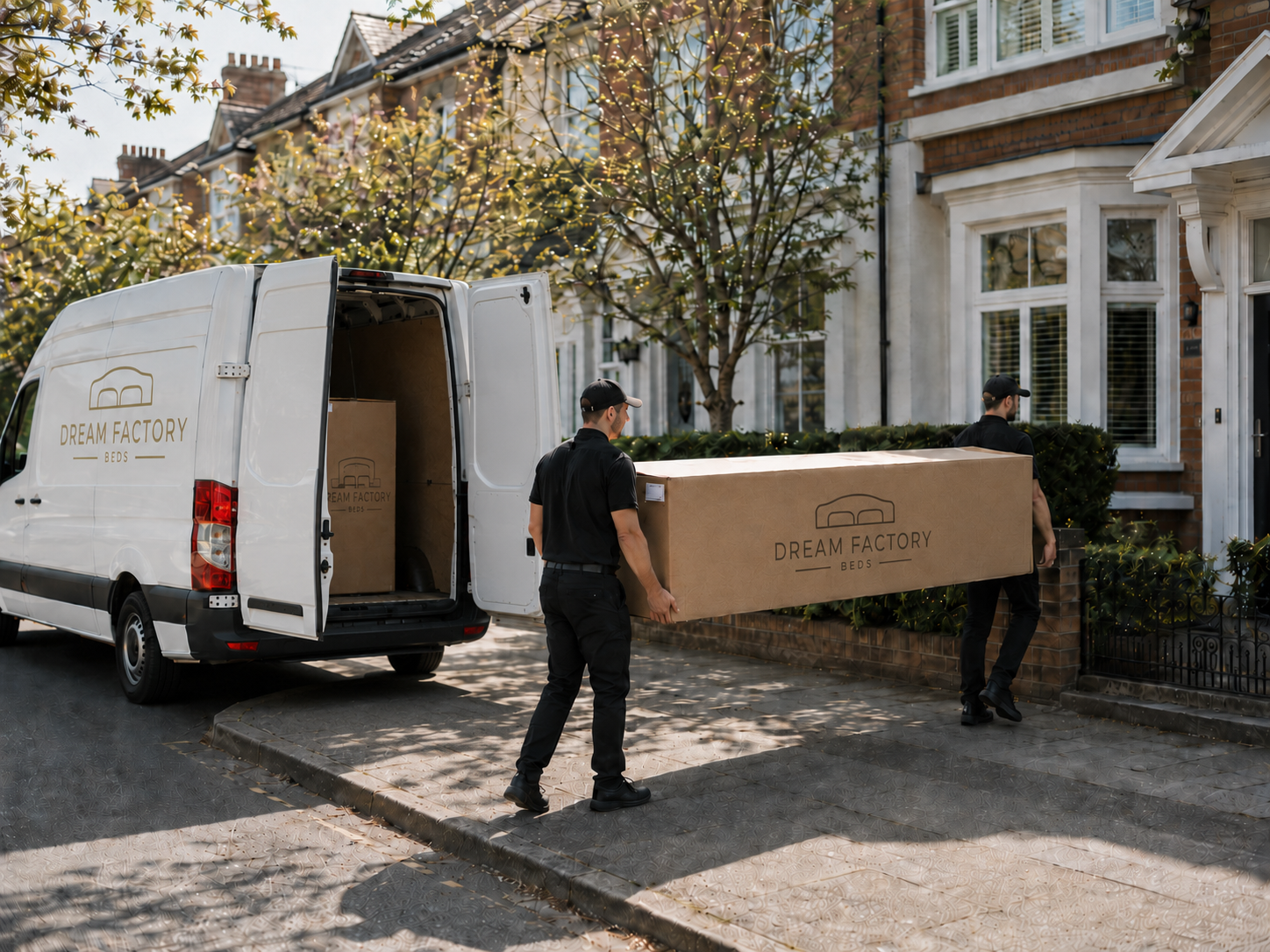 Dream Factory Beds two-person delivery team delivering boxed bed sections to a UK home