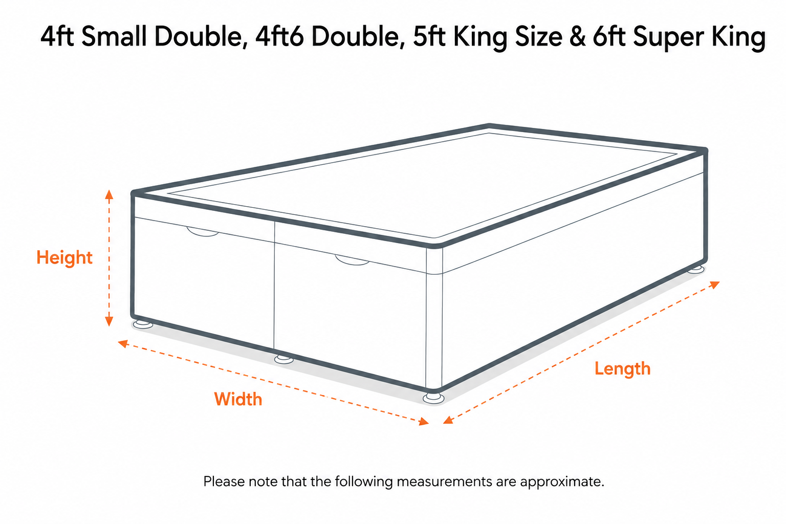 4ft Small Double, 4ft6 Double, 5ft King Size and 6ft Super King Ottoman base dimensions
